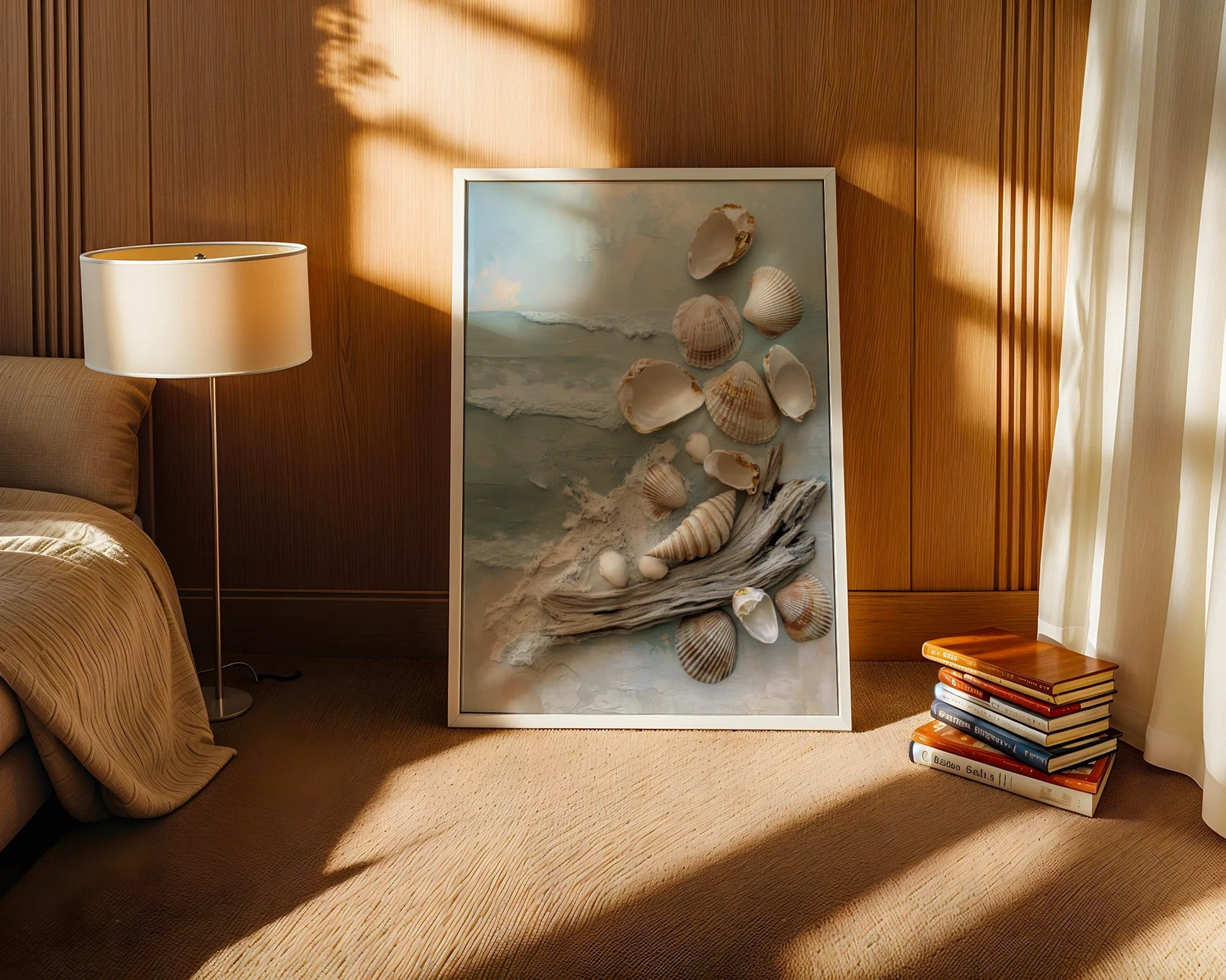 Coastal Textured with Seashells Driftwood in room