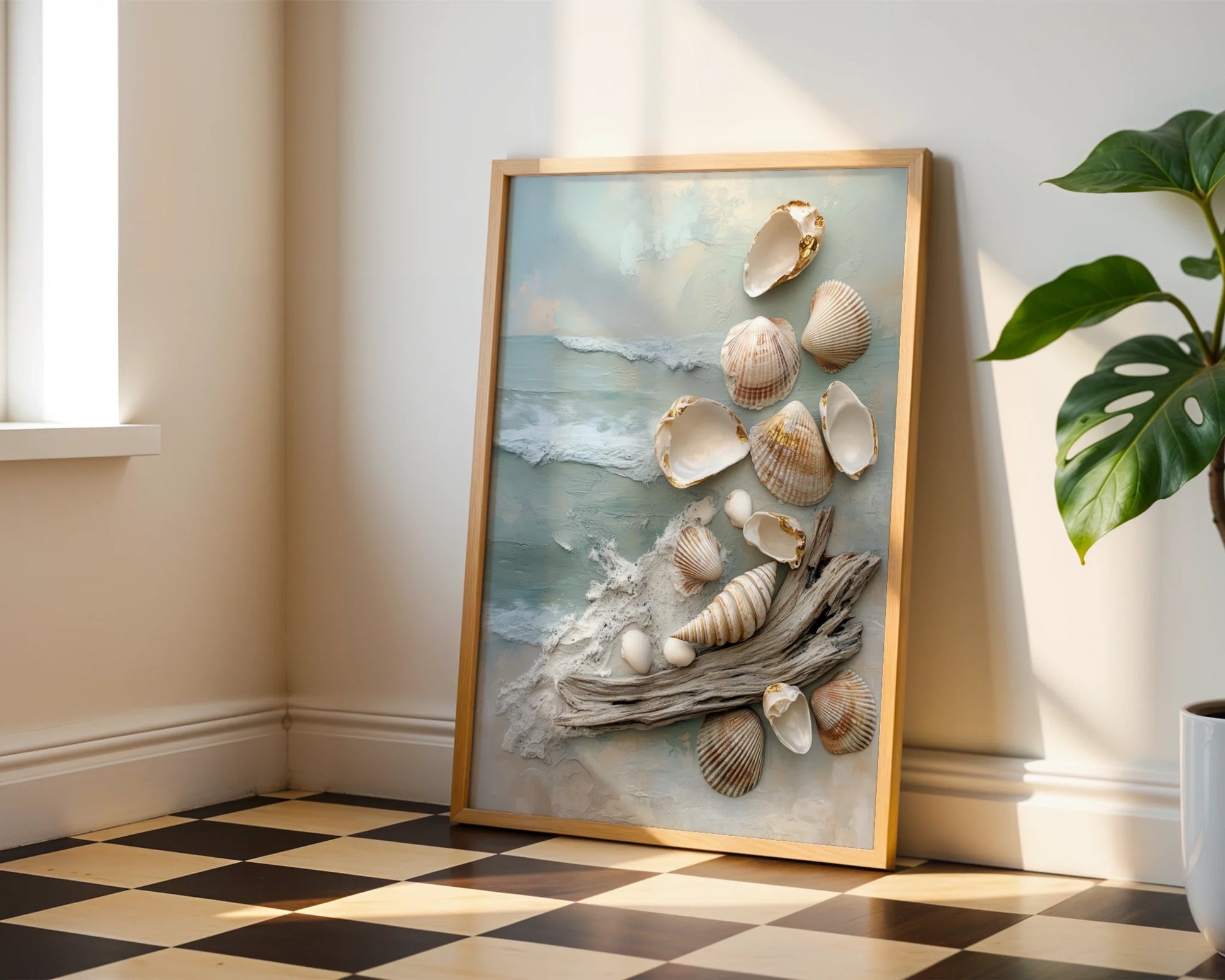Coastal Textured with Seashells Driftwood in room