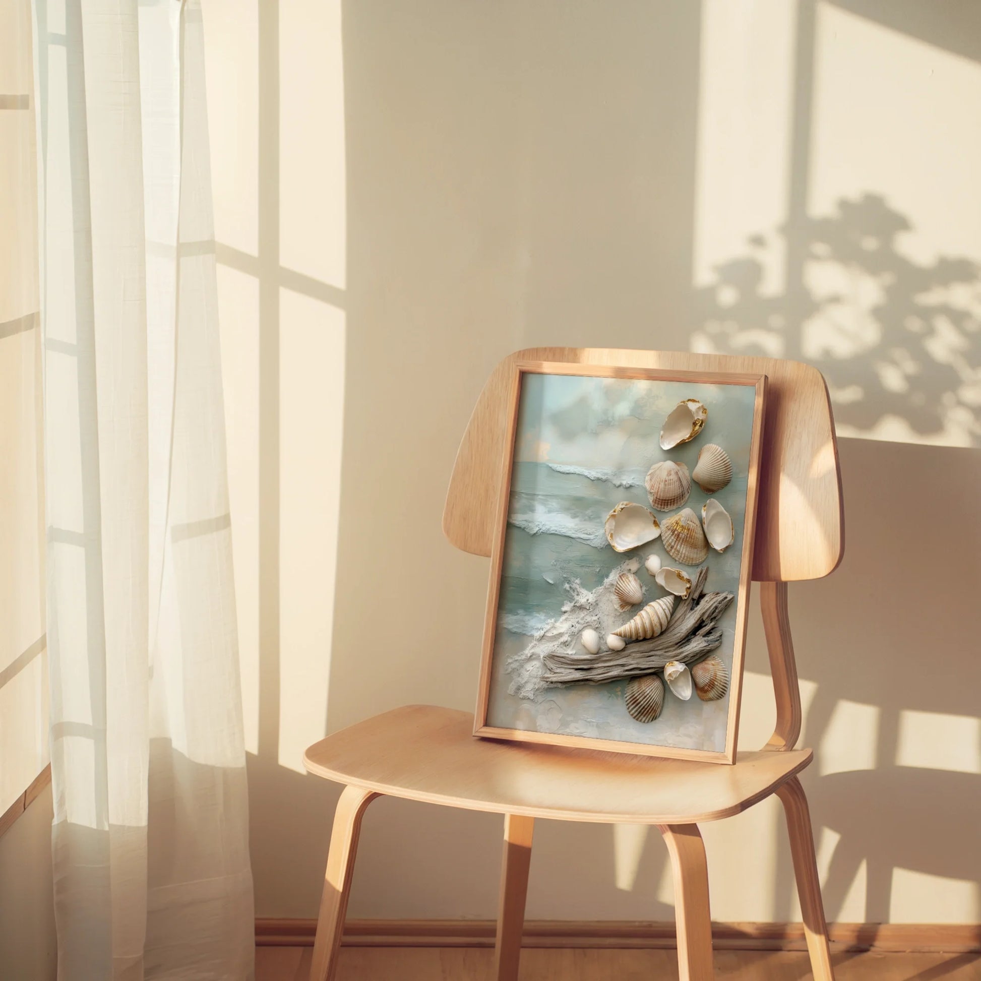 Coastal Textured with Seashells Driftwood in room