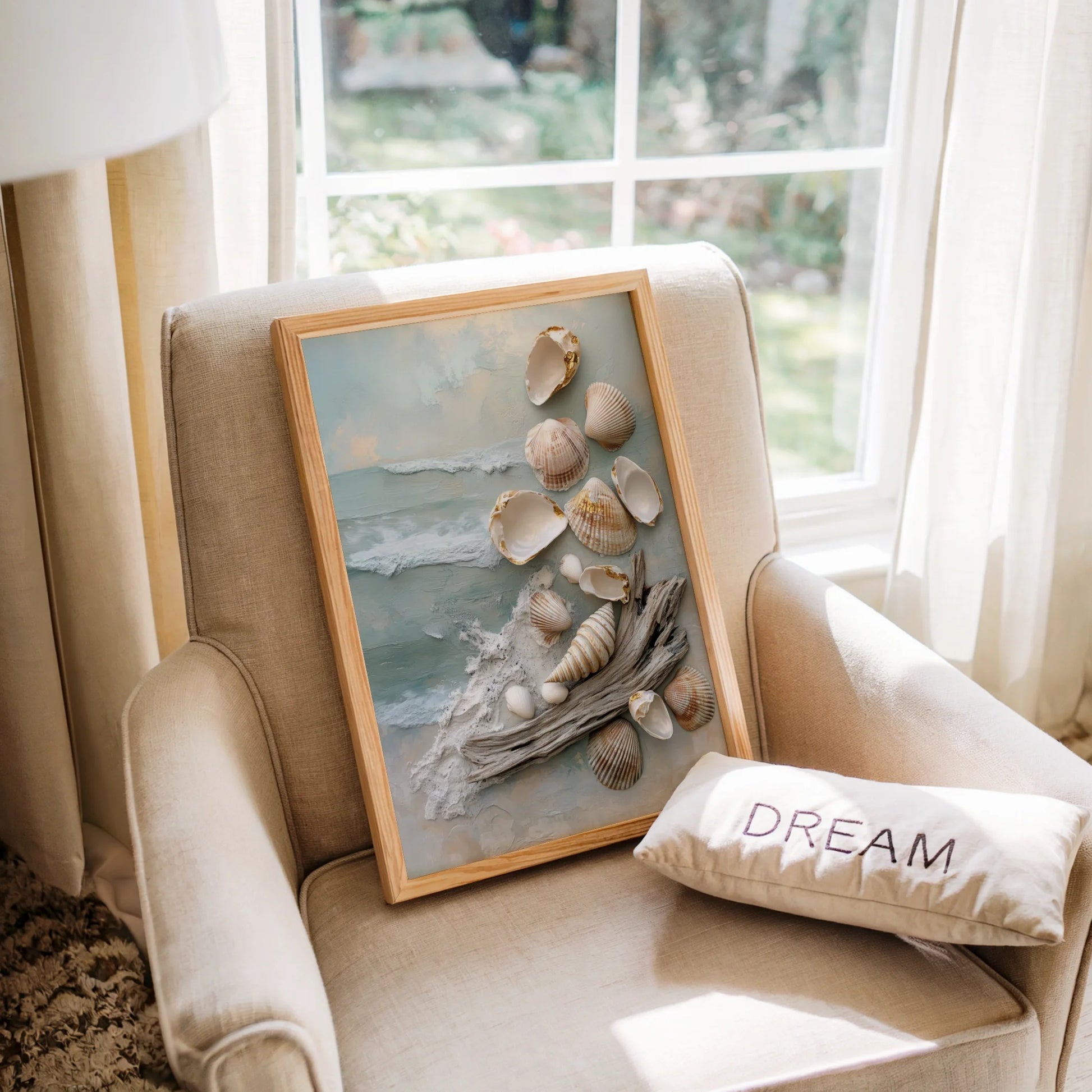 Coastal Textured with Seashells Driftwood in room