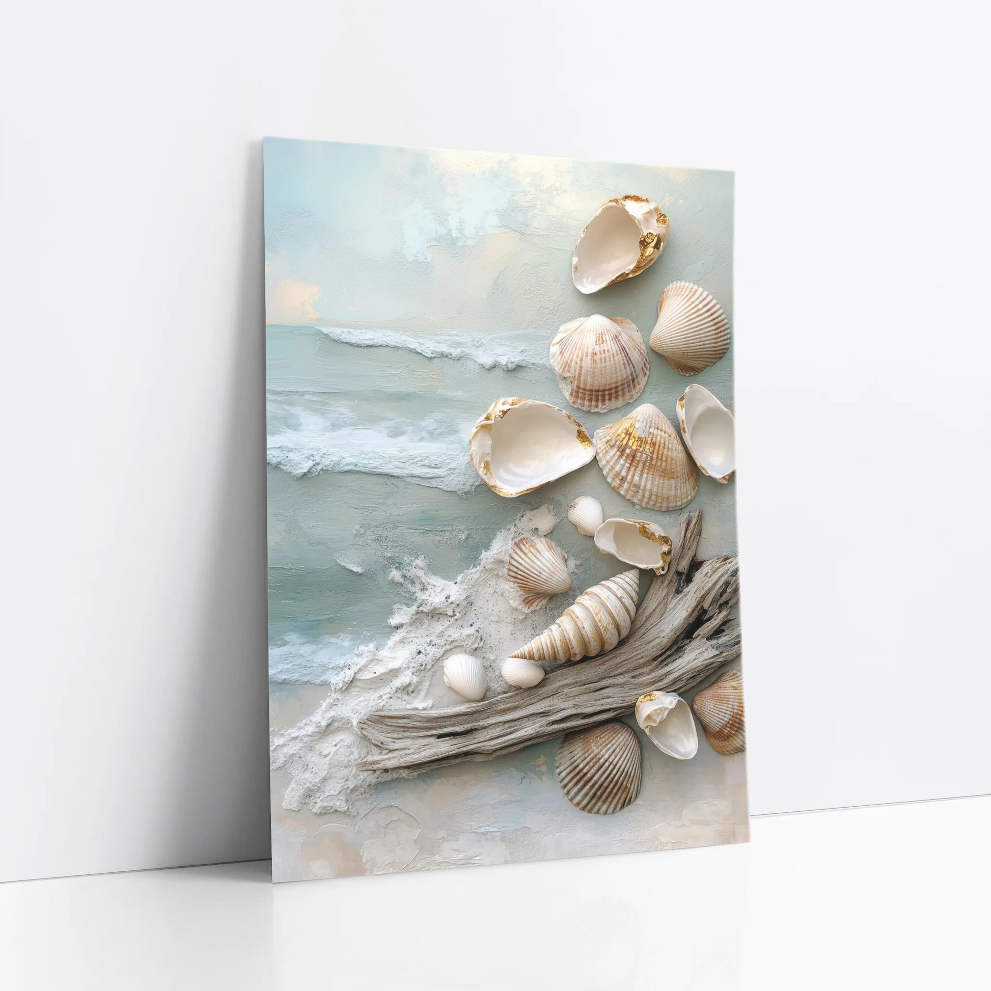 Coastal Textured with Seashells Driftwood art print