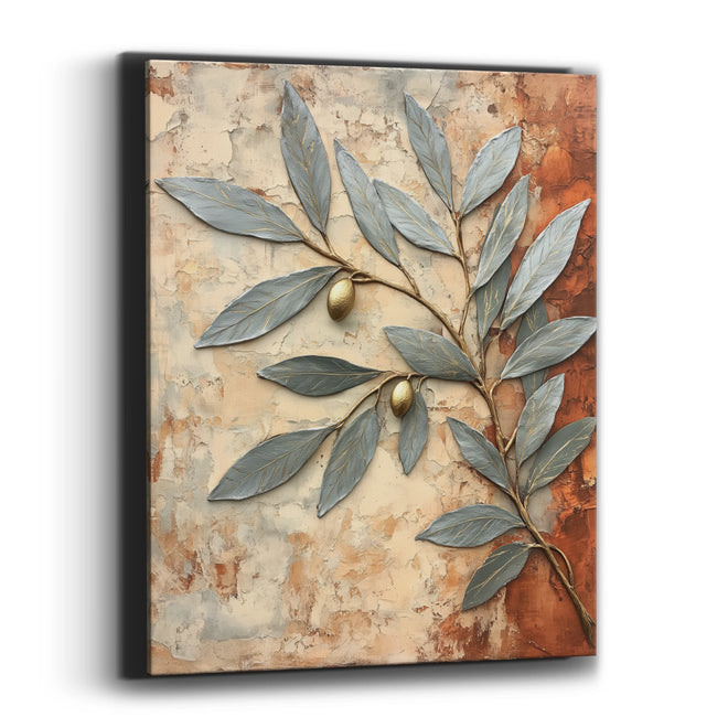 Metallic Olive Branch Fresco Style Boho Canvas Wall Art