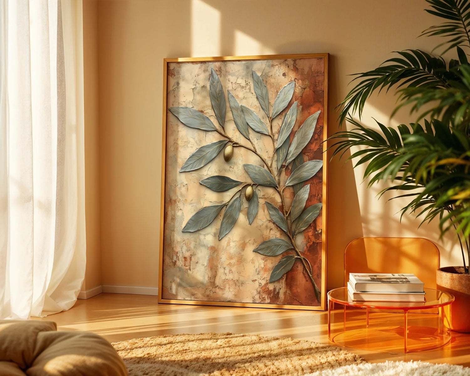 Metallic Olive Branch Fresco Style Boho Canvas Wall Art — Bohemian canvas featuring shimmering olive branches with ancient fruit against weathered fresco backdrop