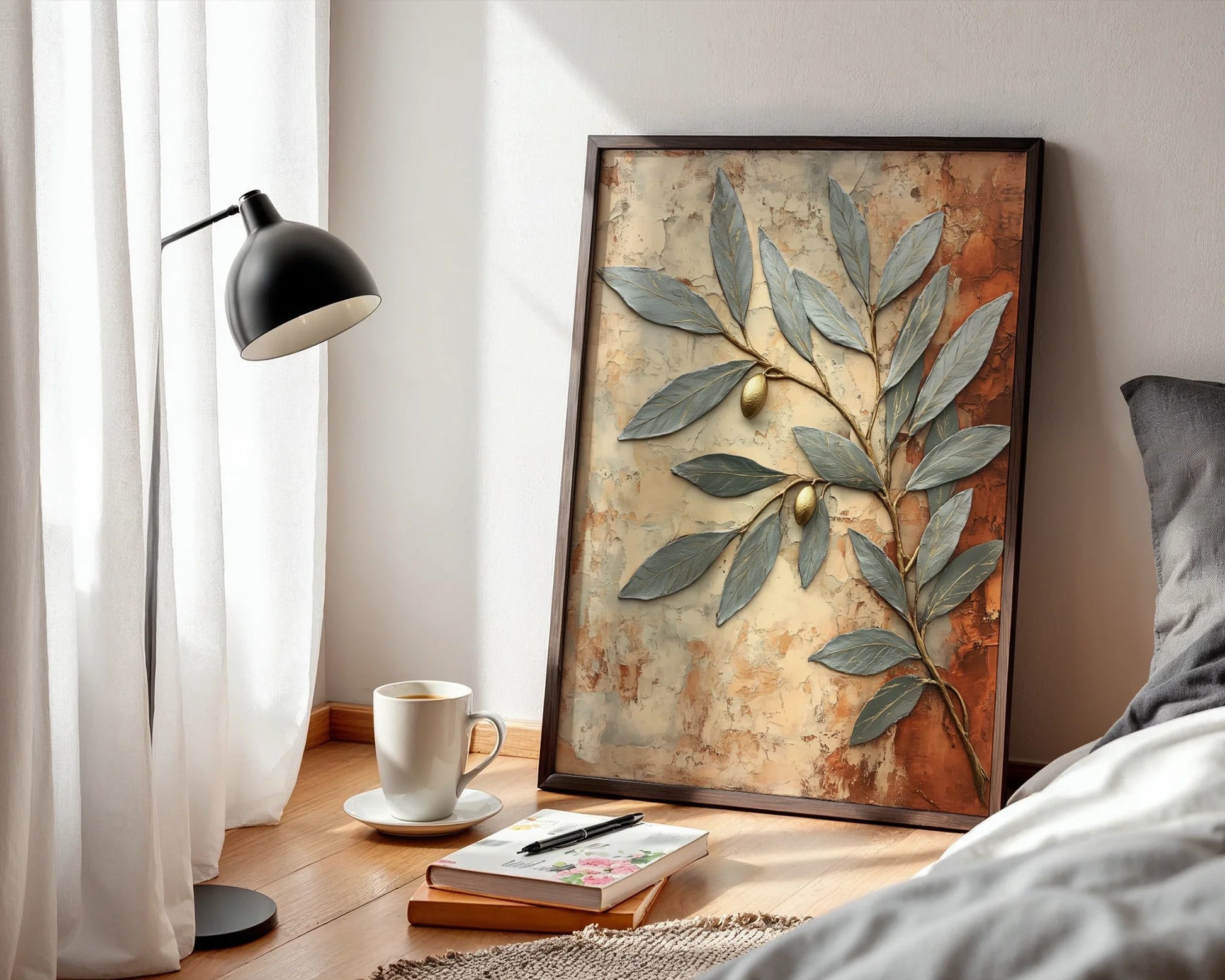 Metallic Olive Branch Fresco Style Boho in room