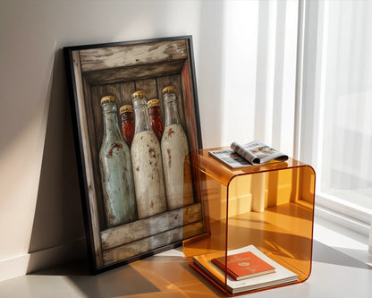 Milk Bottle Collection Farmhouse Shrine Canvas Wall Art — Farmhouse-style canvas displaying five vintage milk bottles in weathered wooden frame for country home decor