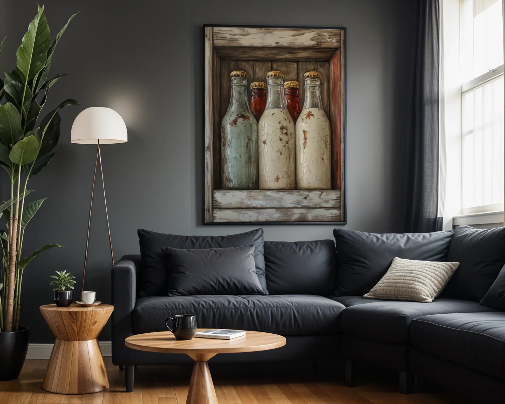 Milk Bottle Collection Farmhouse Shrine Canvas Wall Art — Vintage farmhouse canvas print depicting milk bottle collection in shabby wooden cabinet setting