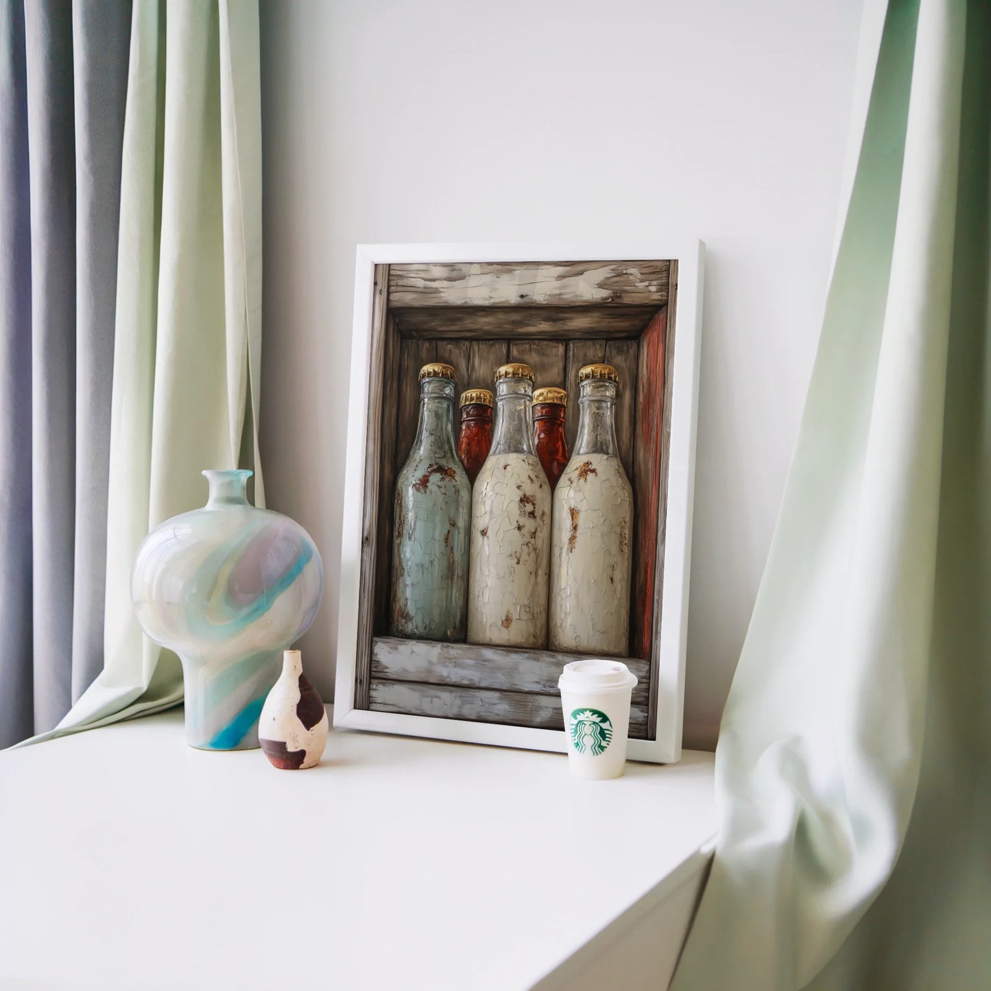 Milk Bottle Collection Farmhouse Shrine Canvas Wall Art — Shabby chic artwork showing old apothecary vessels with weathered labels in rustic shrine display
