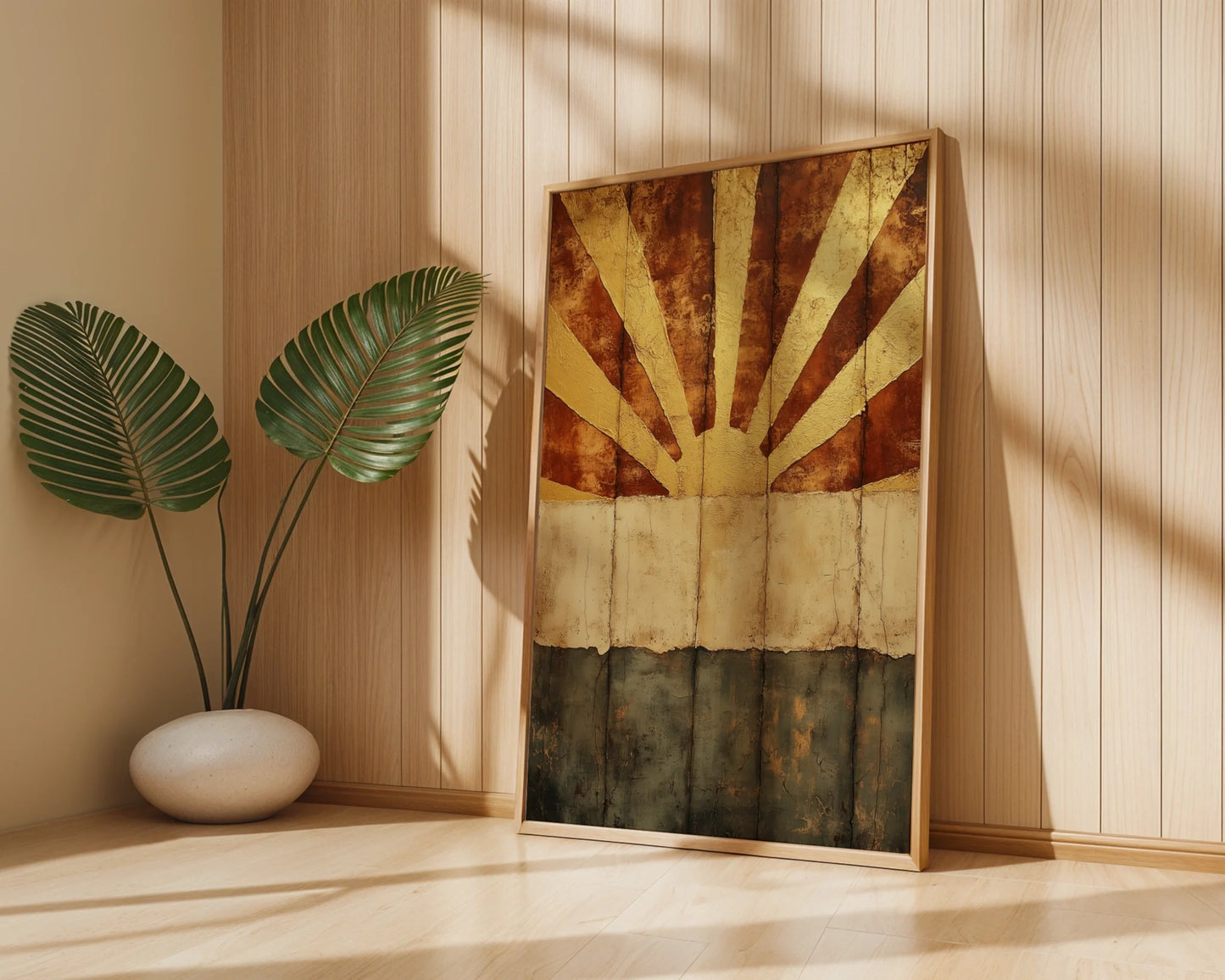 Gold Sunburst Art Cracked Earth Texture Boho in room