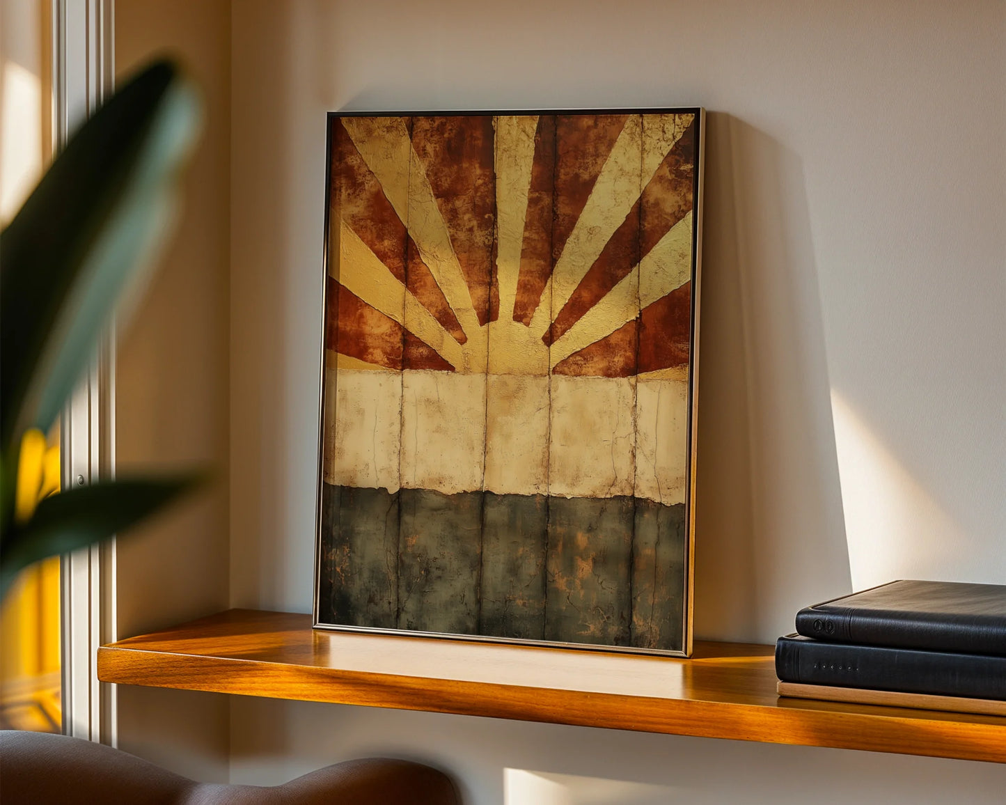 Gold Sunburst Art Cracked Earth Texture Boho in room