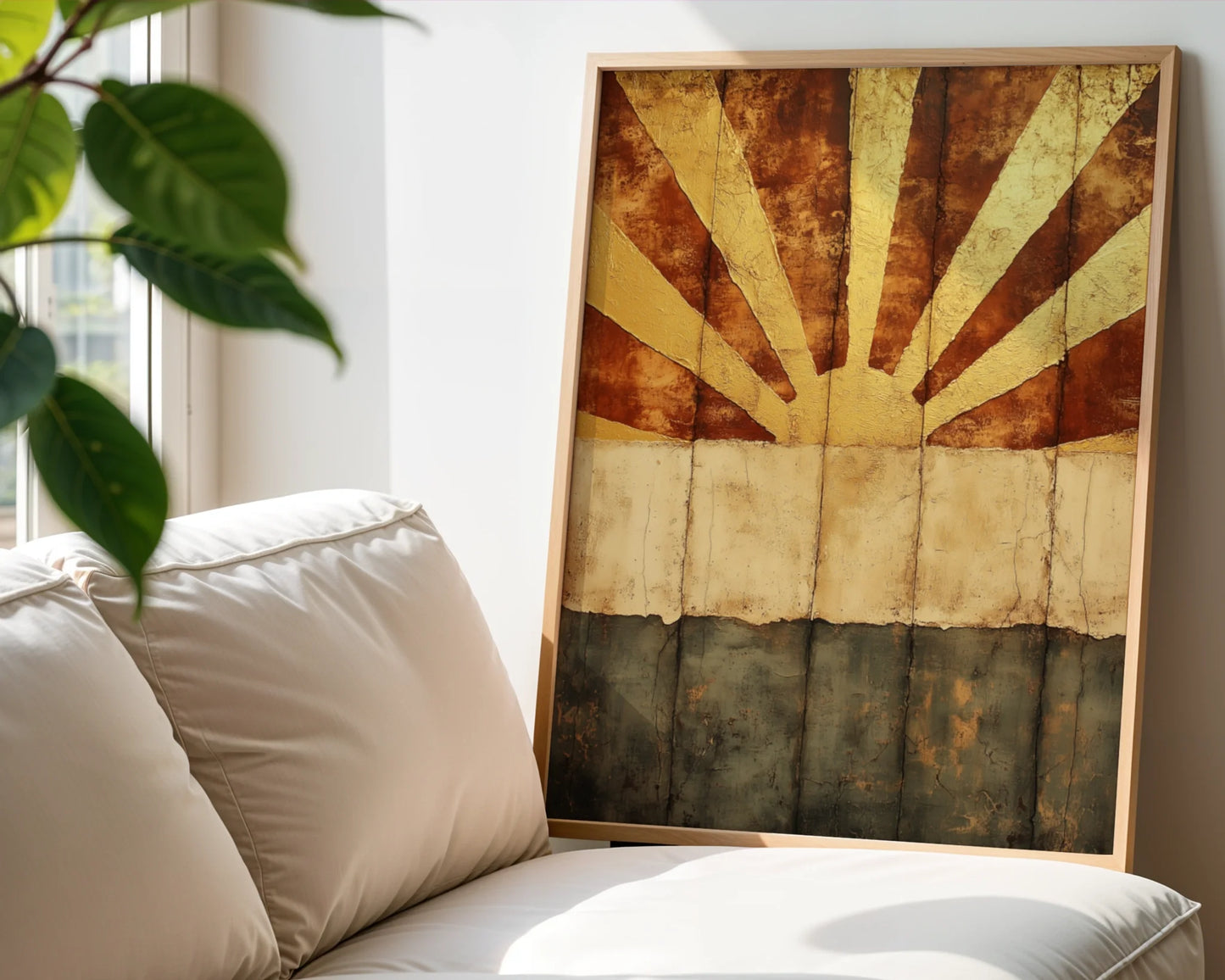 Gold Sunburst Art Cracked Earth Texture Boho Canvas Wall Art — Contemporary boho canvas mockup showcases aged light beams penetrating desert surface for trendy homes