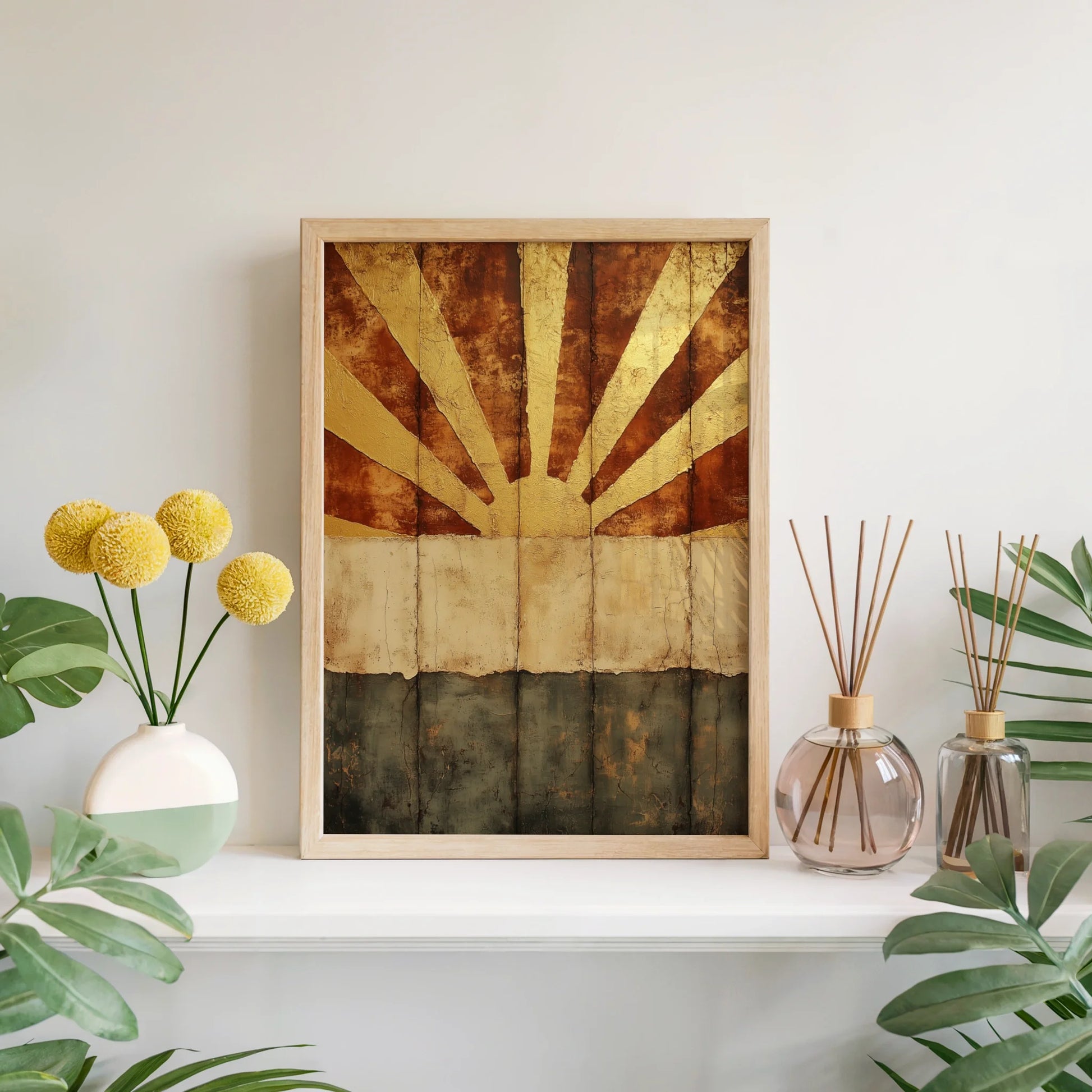 Gold Sunburst Art Cracked Earth Texture Boho Canvas Wall Art — Modern bohemian art displays oxidized golden rays emerging from split terrain in styled room setting