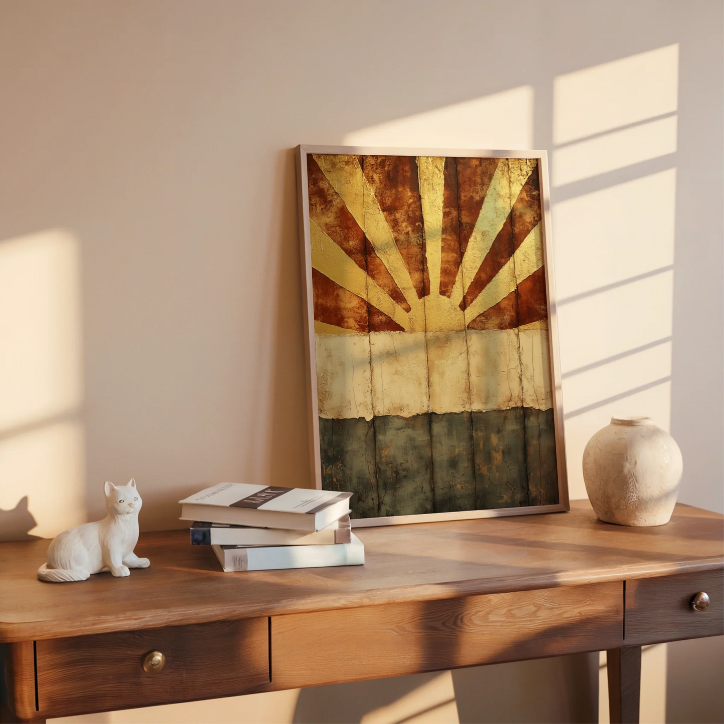 Gold Sunburst Art Cracked Earth Texture Boho in room