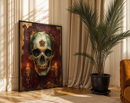 Gothic Skull Canvas Wall Art - Golden Crown Burgundy Candles — Dramatic gothic canvas featuring ornate skull with regal emblem for sophisticated dark academia decor