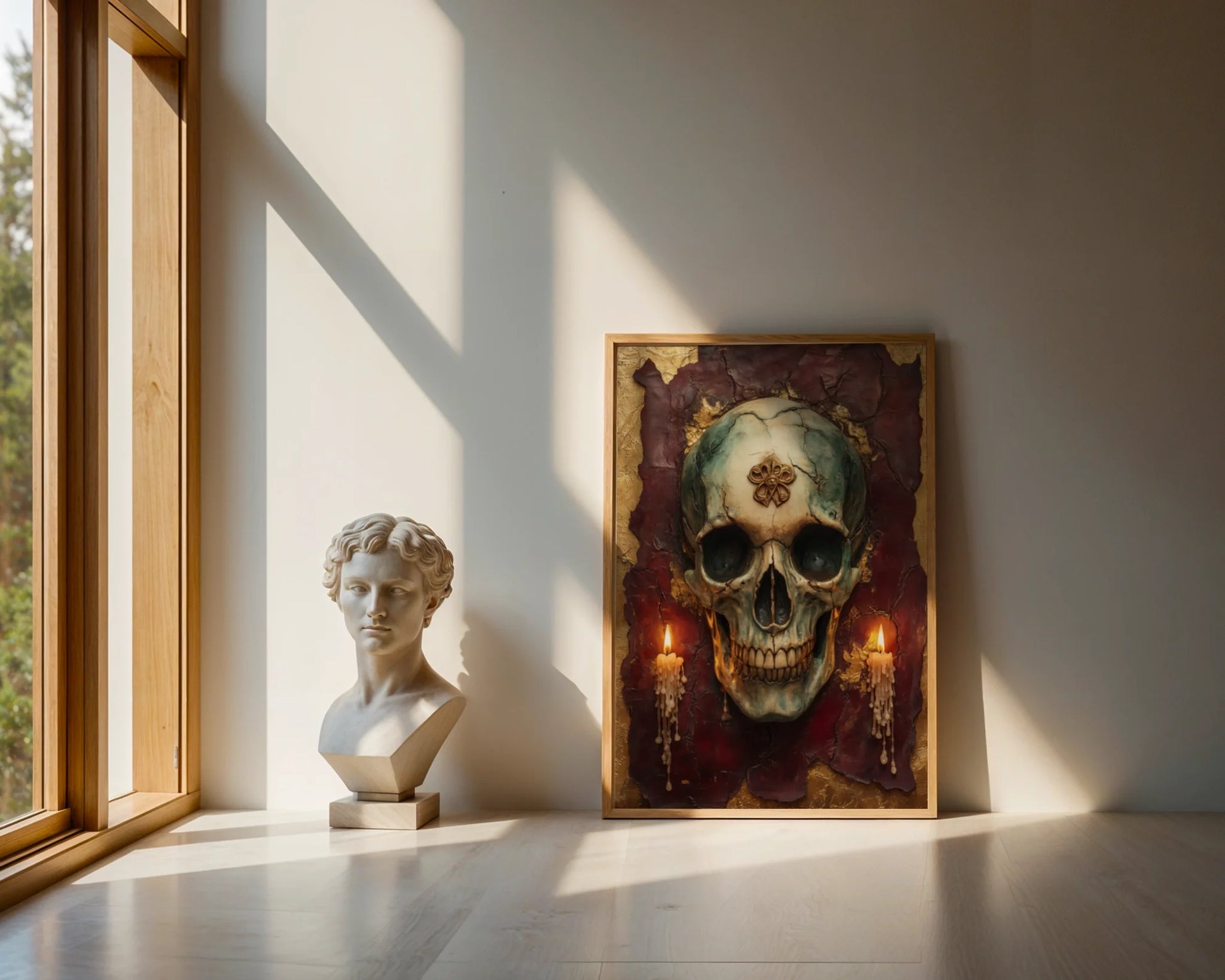 Gothic Skull Canvas Wall Art - Golden Crown Burgundy Candles — Moody academic-inspired wall art showcasing crowned skull with flickering candles in burgundy tones