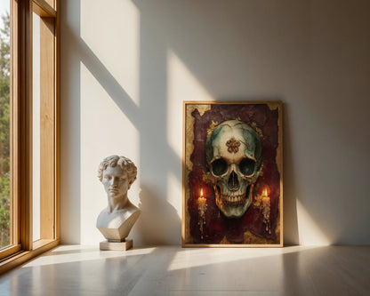 Gothic Skull Canvas Wall Art - Golden Crown Burgundy Candles — Moody academic-inspired wall art showcasing crowned skull with flickering candles in burgundy tones