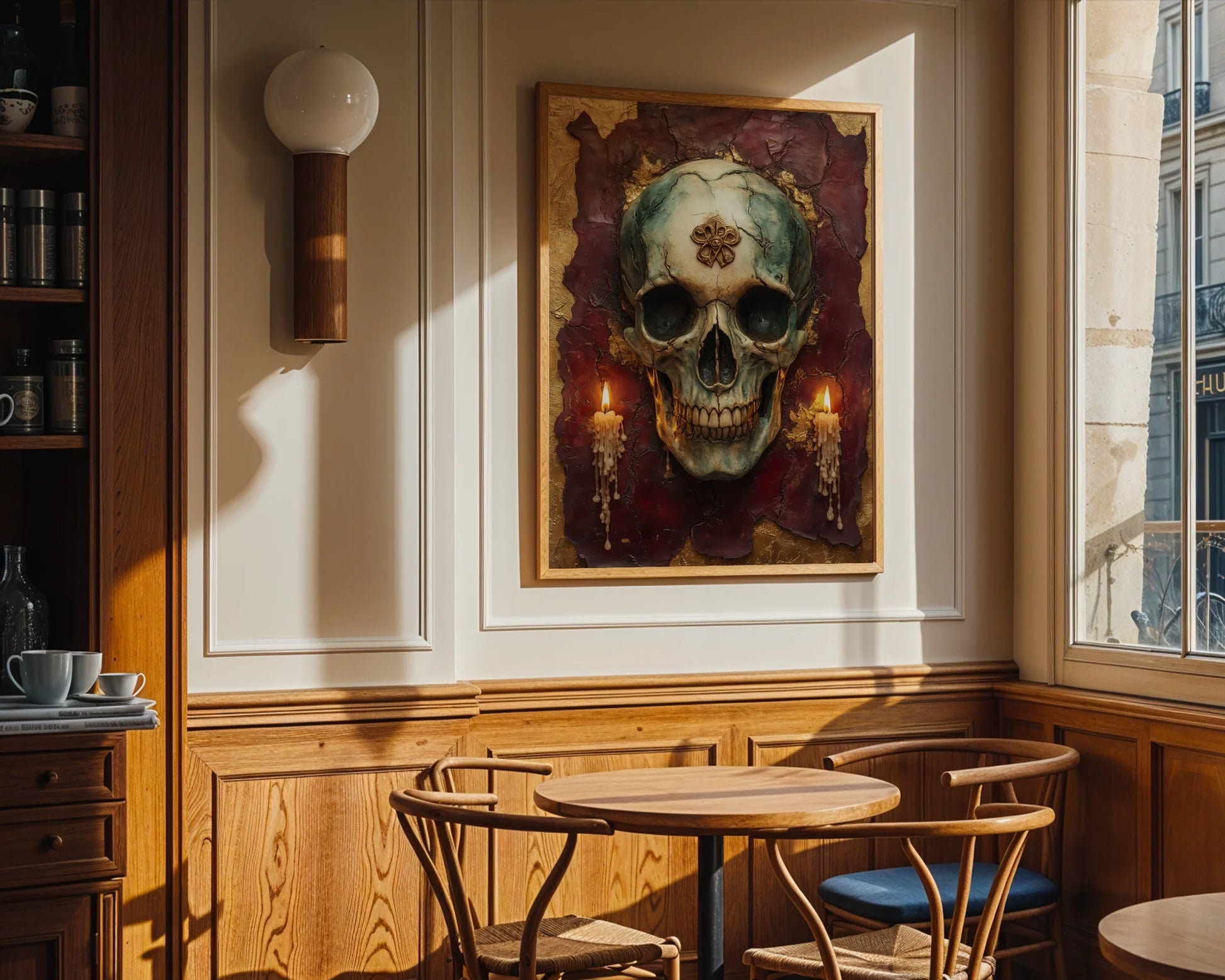 Gothic Skull Canvas Wall Art - Golden Crown Burgundy Candles — Medieval-inspired print displaying majestic skull centerpiece surrounded by wax drippings on canvas