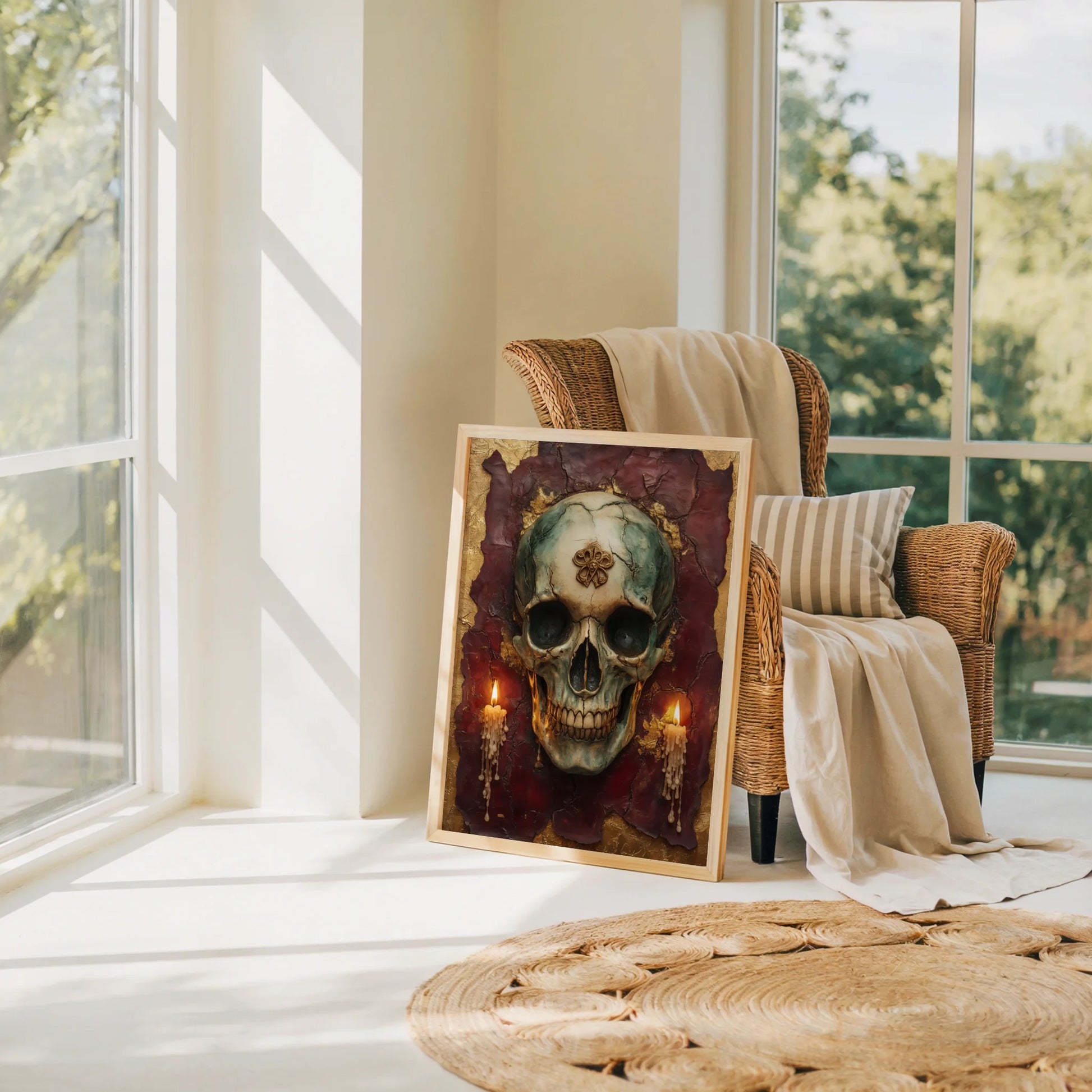 Gothic Skull - Golden Crown Burgundy Candles in room