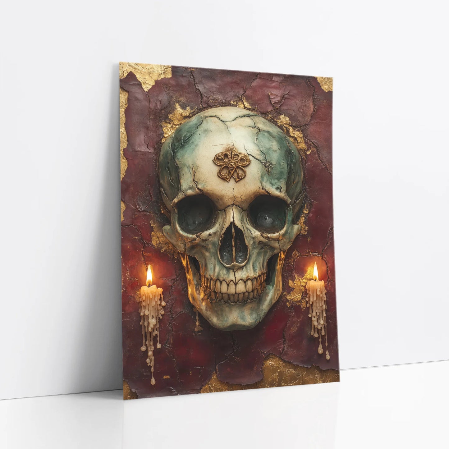 Gothic Skull - Golden Crown Burgundy Candles art print
