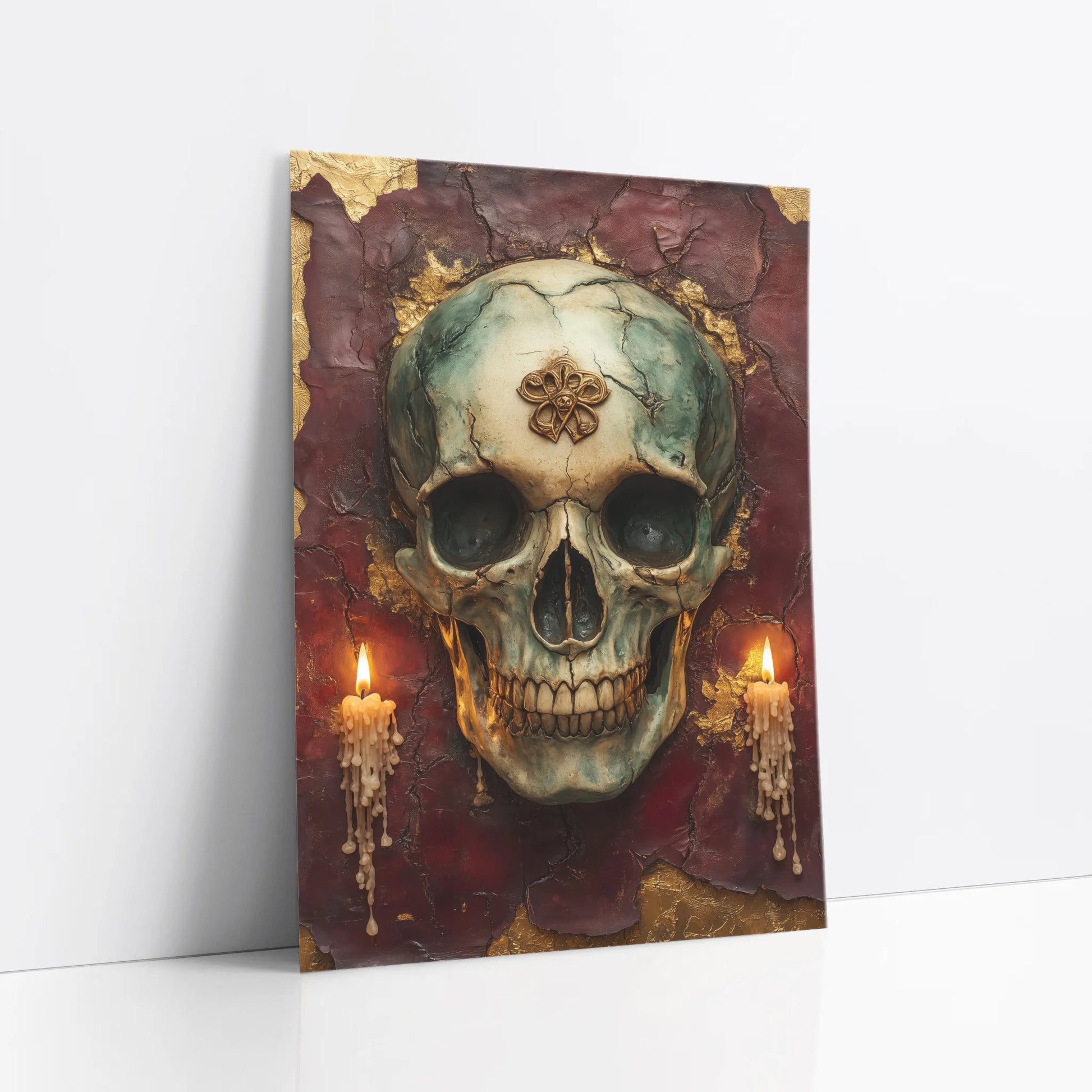 Gothic Skull - Golden Crown Burgundy Candles art print