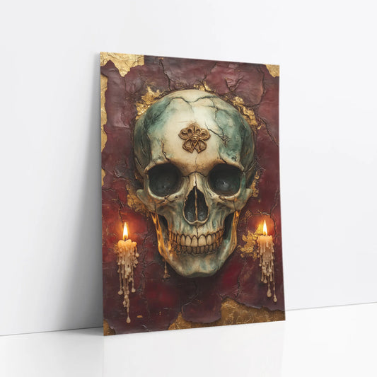 Gothic Skull - Golden Crown Burgundy Candles art print