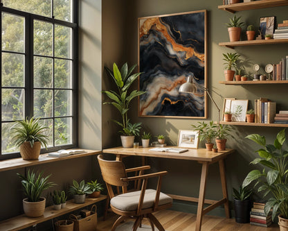 Copper Black Marble Molten Rivers Canvas Wall Art — Minimalist canvas showcasing organic fluid forms in rich metallic tones for contemporary interior design