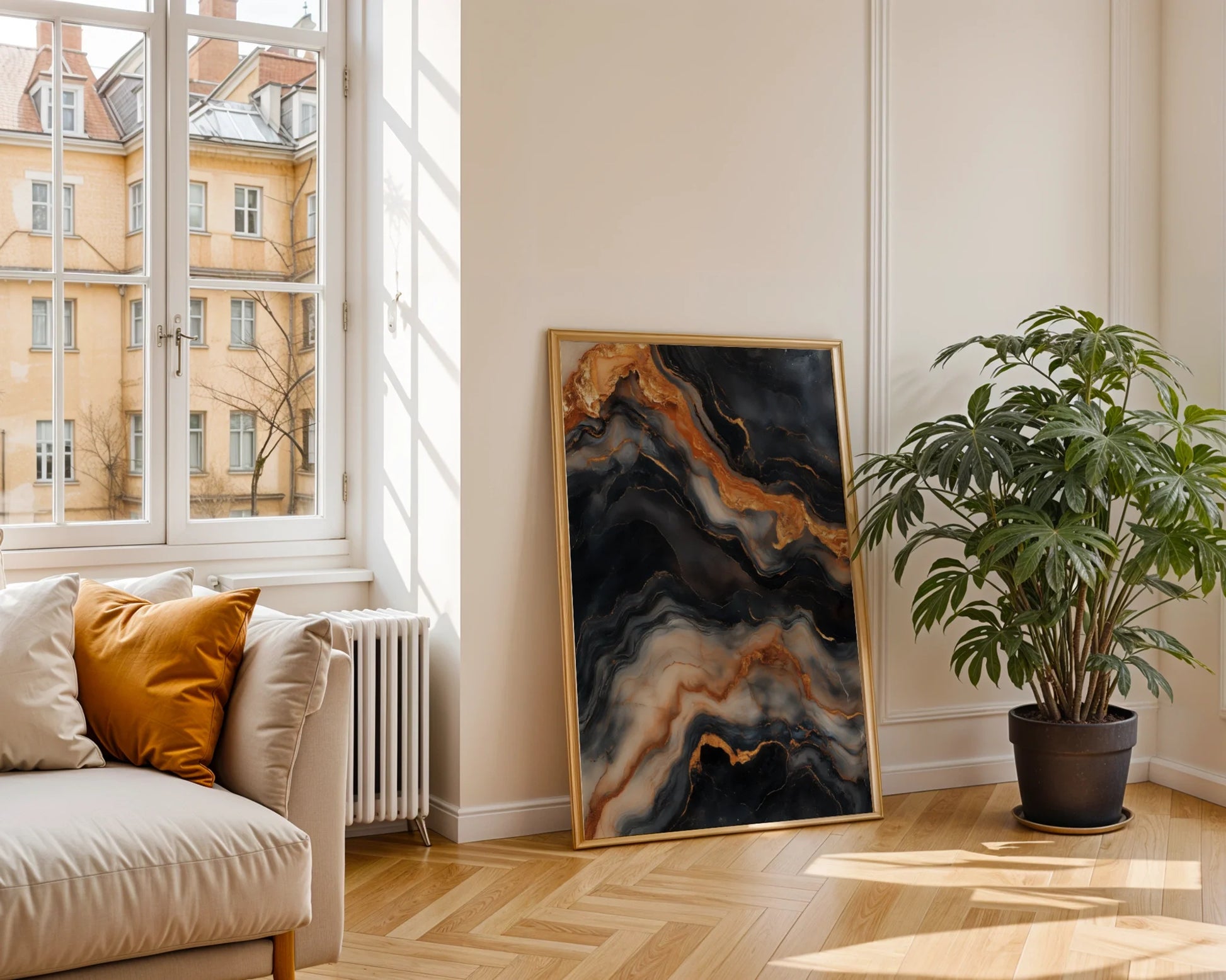 Copper Black Marble Molten Rivers in room