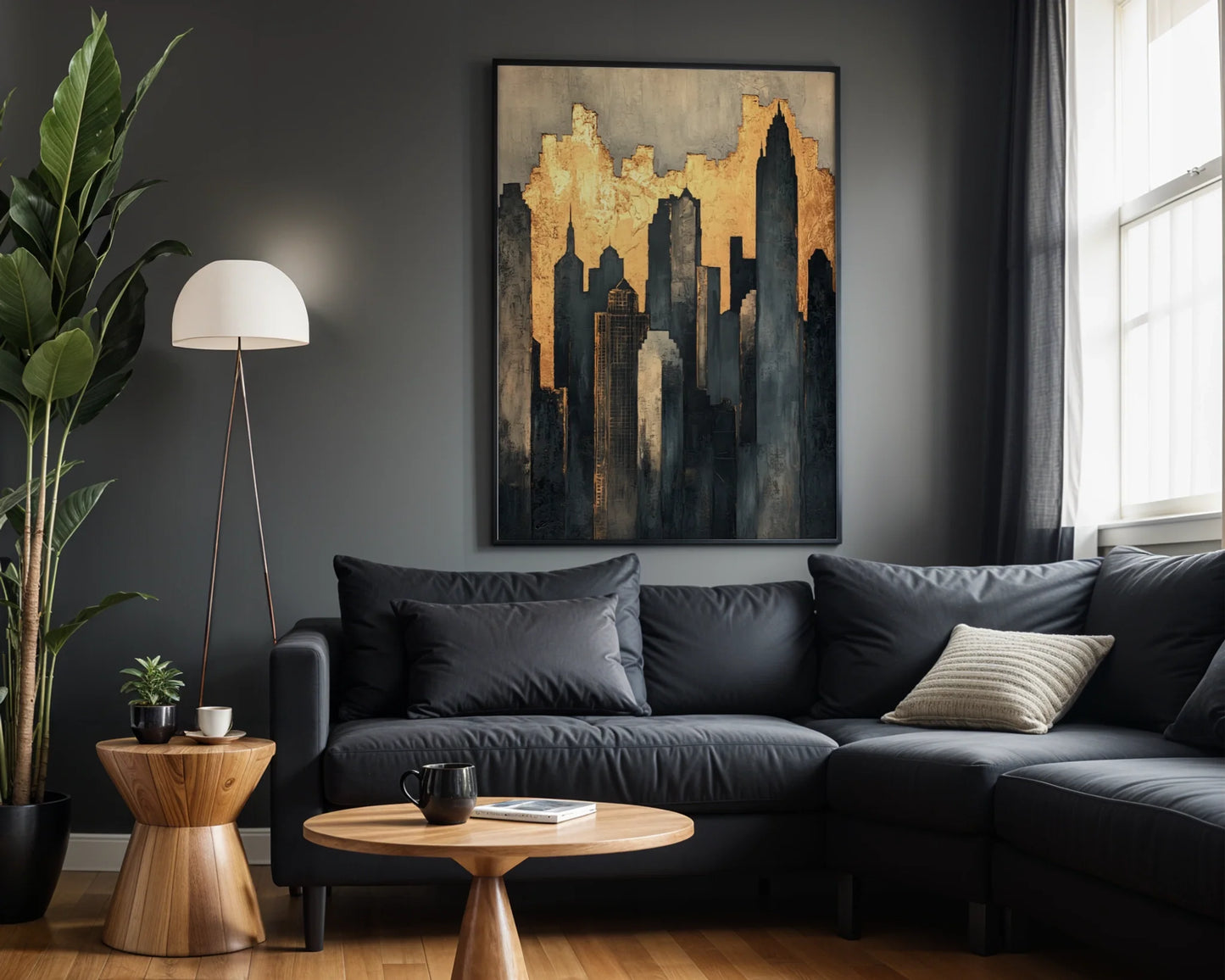 Gold Leaf Urban Skyline Distressed Metallic Canvas Wall Art — Chic interior featuring weathered cityscape artwork that brings refined elegance to neutral living spaces