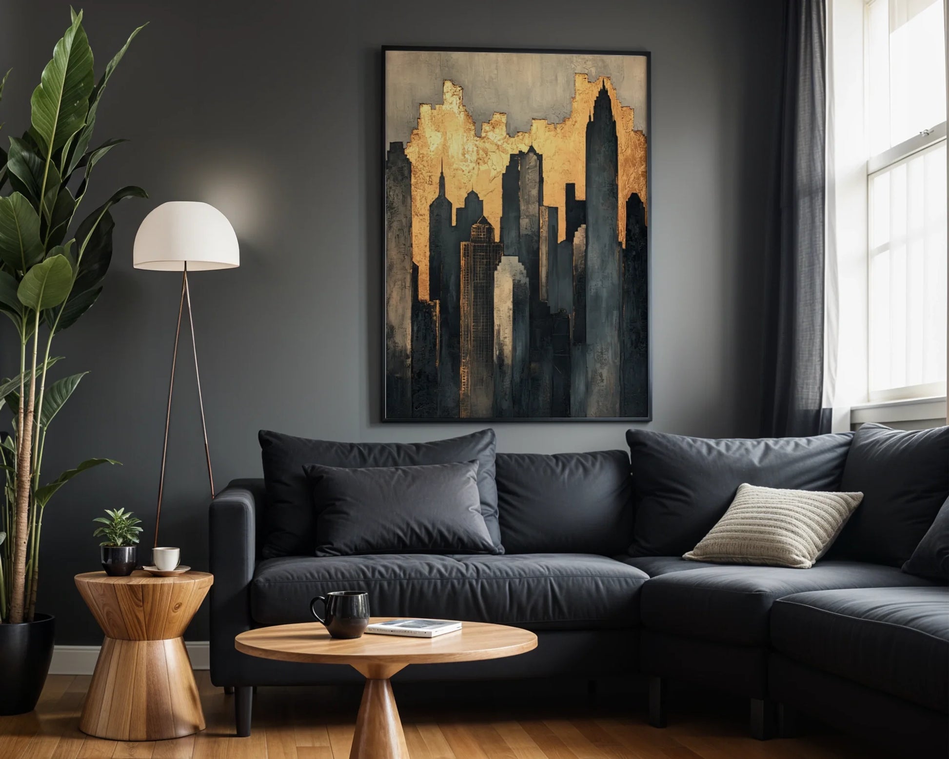 Gold Leaf Urban Skyline Distressed Metallic Canvas Wall Art — Chic interior featuring weathered cityscape artwork that brings refined elegance to neutral living spaces