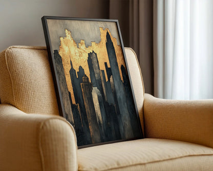 Gold Leaf Urban Skyline Distressed Metallic Canvas Wall Art — Textured metropolitan canvas displayed in sleek room setting ideal for modern apartment wall decor
