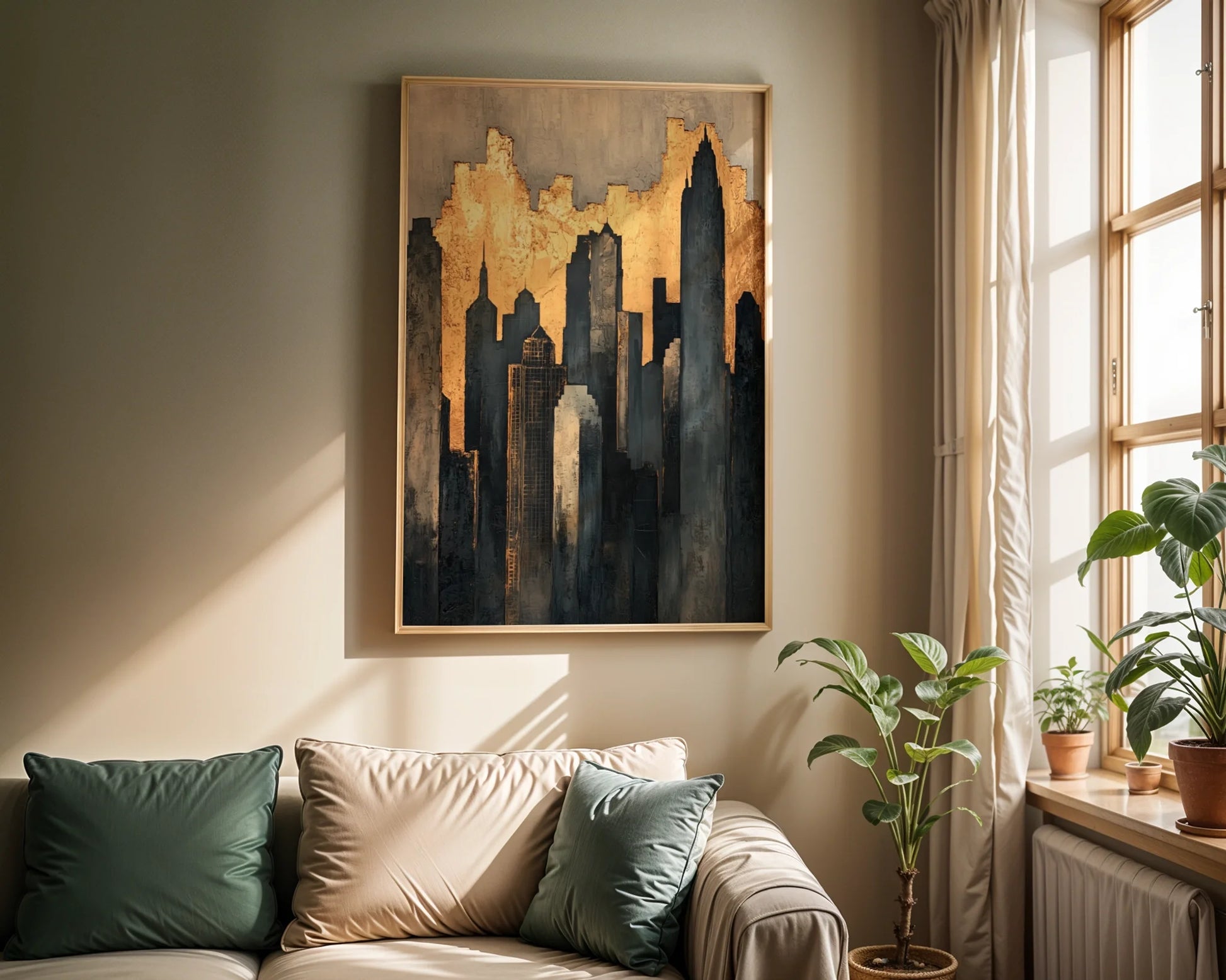 Gold Leaf Urban Skyline Distressed Metallic Canvas Wall Art — Elegant home interior with gilded tower artwork creating focal point for upscale contemporary design