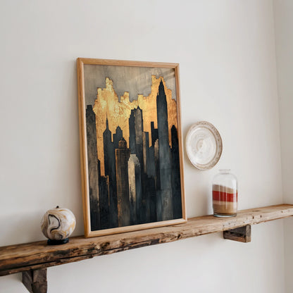 Gold Leaf Urban Skyline Distressed Metallic Canvas Wall Art — Raw architectural canvas piece styled in industrial loft space perfect for edgy home decorating