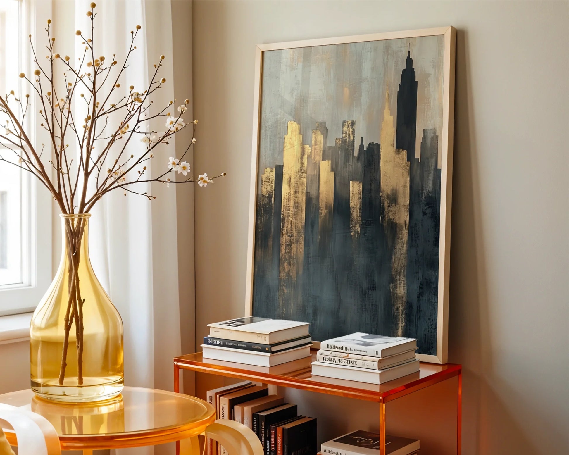 Gold City Skyline Storm Shadows Luxury Canvas Wall Art — Sophisticated canvas featuring gleaming towers rising from misty shadows for upscale home styling