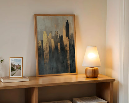 Gold City Skyline Storm Shadows Luxury Canvas Wall Art — Textured artwork displaying weathered buildings through atmospheric haze for refined living spaces