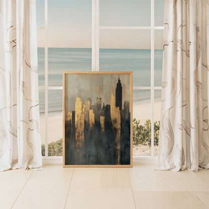 Gold City Skyline Storm Shadows Luxury Canvas Wall Art — Elegant home displaying gilded towers dissolving into foggy depths for chic interior design