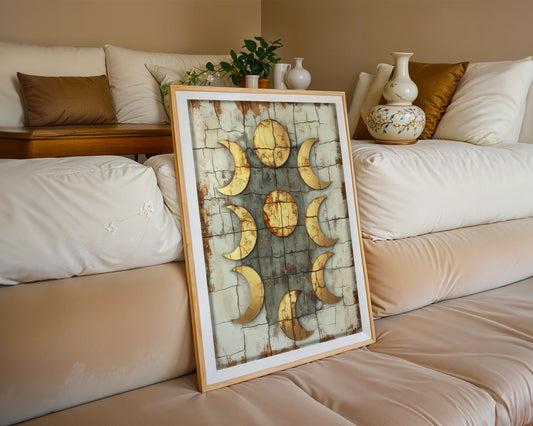 Ancient Moon Phases Nine Crescents Twin Suns Canvas Wall Art — Bohemian style canvas featuring orbital crescents and dual suns for eclectic home decor