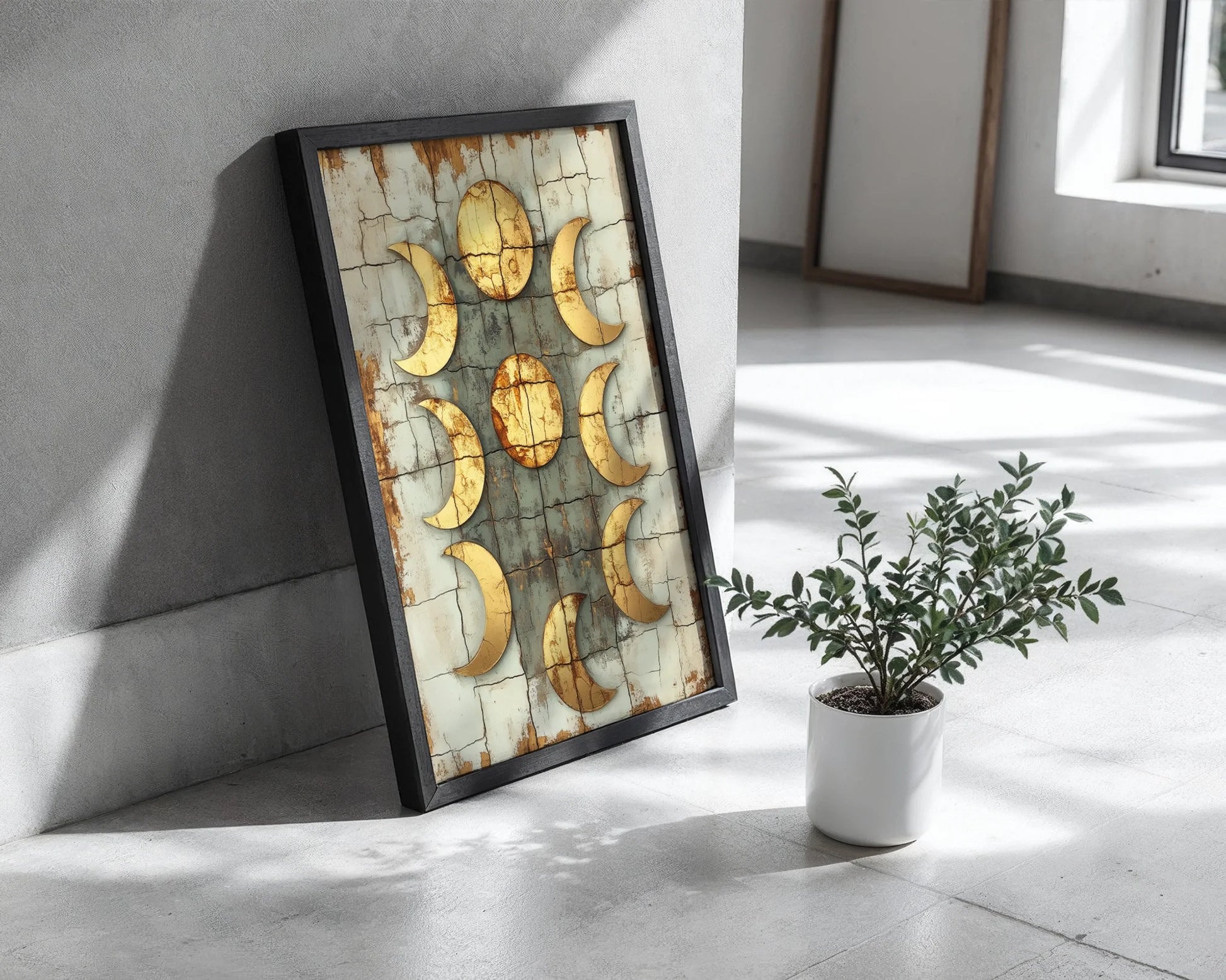 Ancient Moon Phases Nine Crescents Twin Suns Canvas Wall Art — Earthy canvas print depicting weathered stone textures with astronomical symbols for natural decor