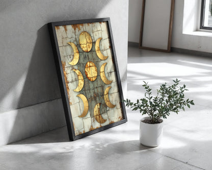 Ancient Moon Phases Nine Crescents Twin Suns Canvas Wall Art — Earthy canvas print depicting weathered stone textures with astronomical symbols for natural decor
