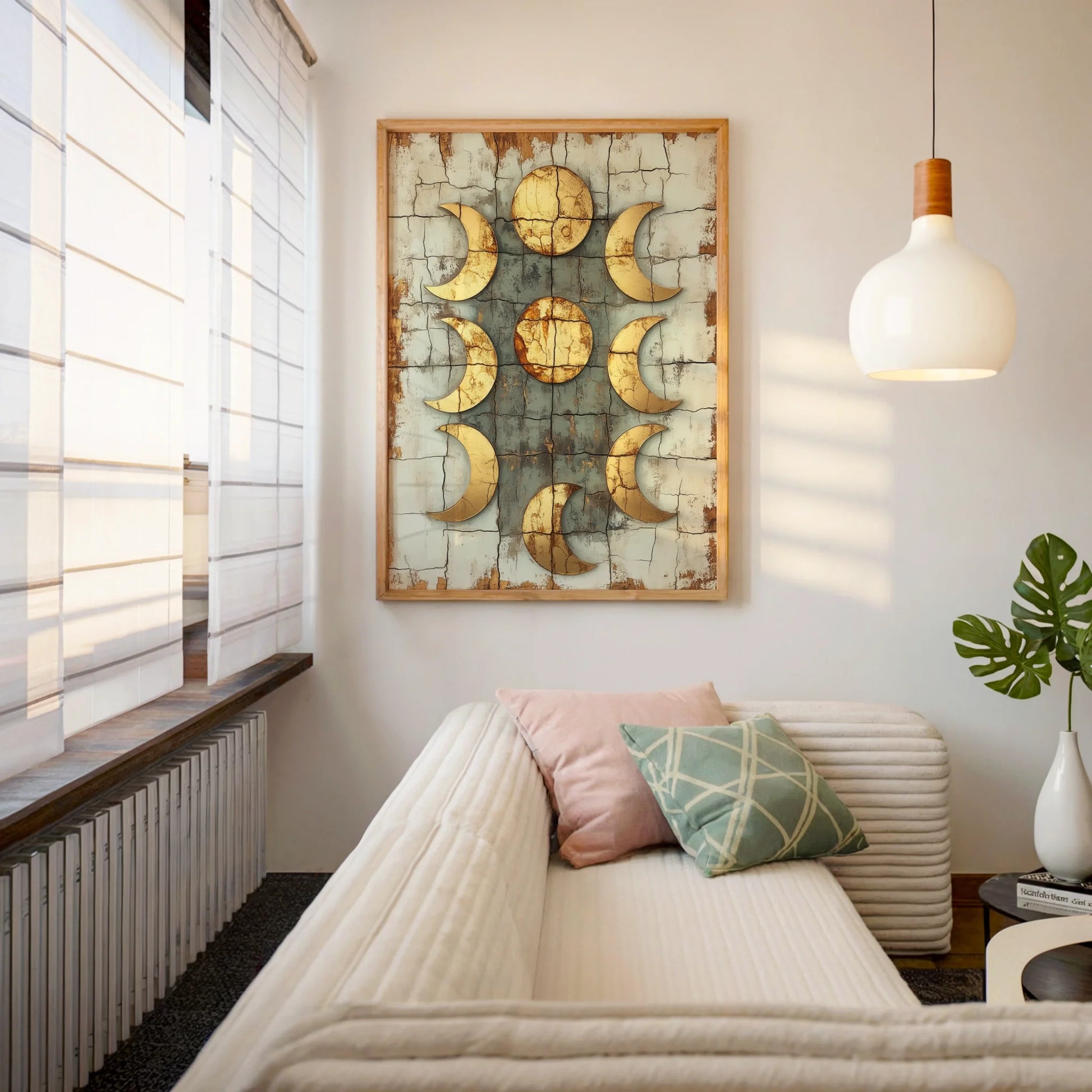Ancient Moon Phases Nine Crescents Twin Suns Canvas Wall Art — Honey-gold tones blend with cream stone textures in this textured astronomical canvas print