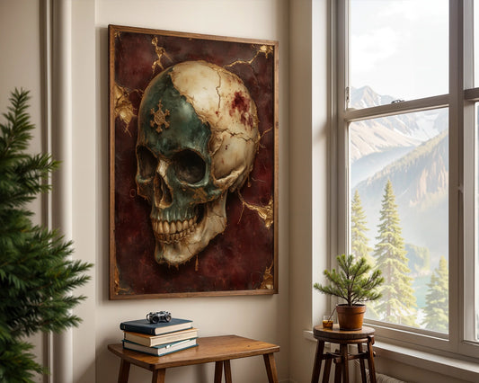 Luxury Skull Art Molten Marble Gothic Canvas Wall Art — Scholarly cranium artwork with weathered stone texture displayed in sophisticated academic interior design