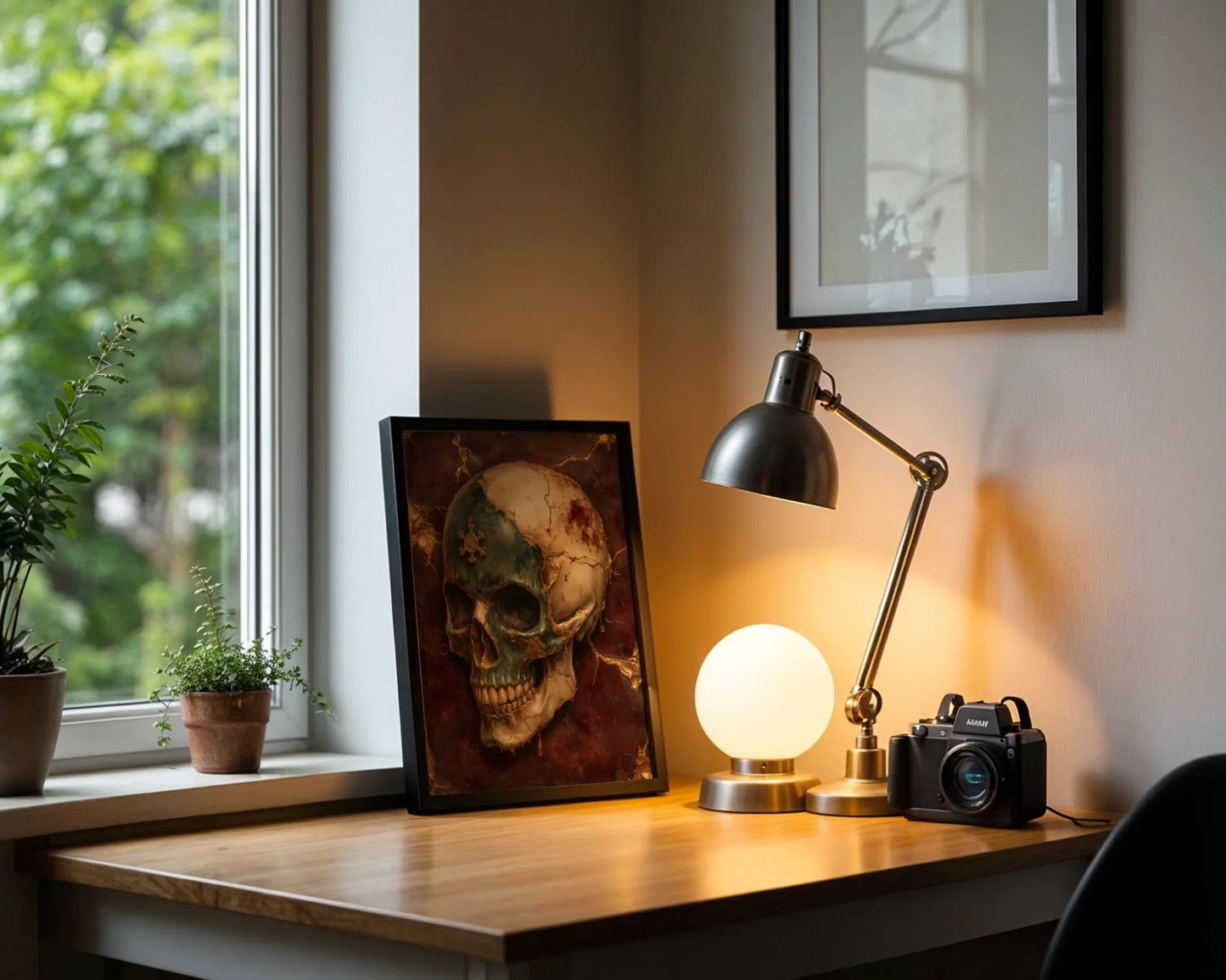 Luxury Skull Art Molten Marble Gothic Canvas Wall Art — Medieval-inspired skeletal piece featuring corroded metal crown in dramatic Victorian home styling