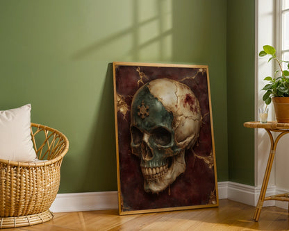 Luxury Skull Art Molten Marble Gothic Canvas Wall Art — Ornate classical skull canvas with gilded accents shown in elegant period-appropriate decor setting
