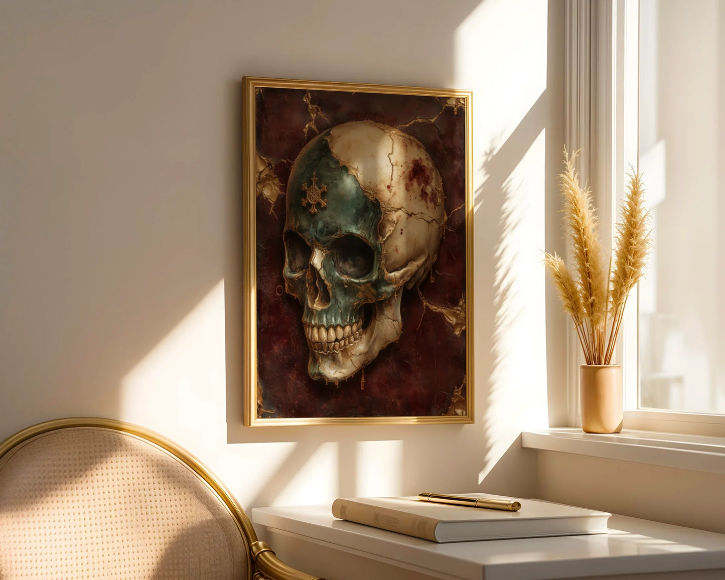 Luxury Skull Art Molten Marble Gothic Canvas Wall Art — Vintage anatomical study artwork with aged metal details perfect for antique collector interiors