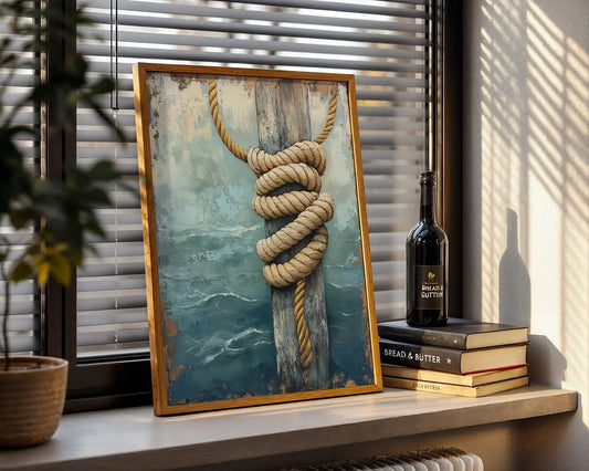 Nautical Rope Art Weathered Dock Post Canvas Wall Art — Relaxed seaside style canvas showcasing weathered dock hardware for coastal home decor enthusiasts