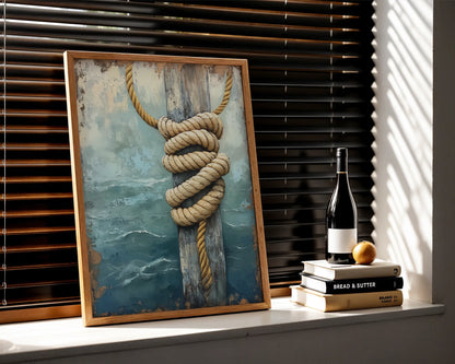 Nautical Rope Art Weathered Dock Post Canvas Wall Art — Vintage maritime canvas displaying frayed pier rope details perfect for nautical interior design