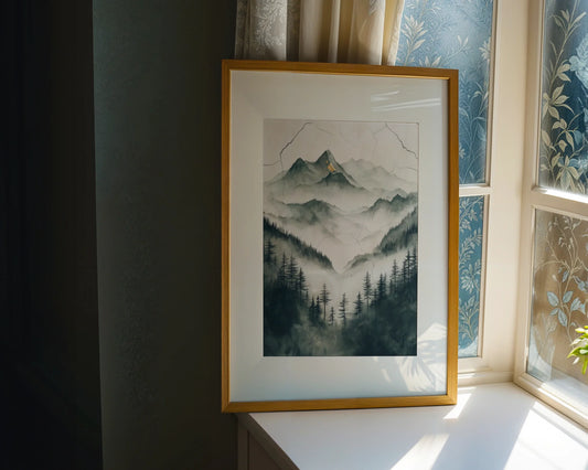 Misty Mountain Watercolor Japandi Evergreen Forest Canvas Art — Nordic minimalist canvas showing clouded ridgelines through vapor for contemporary home styling