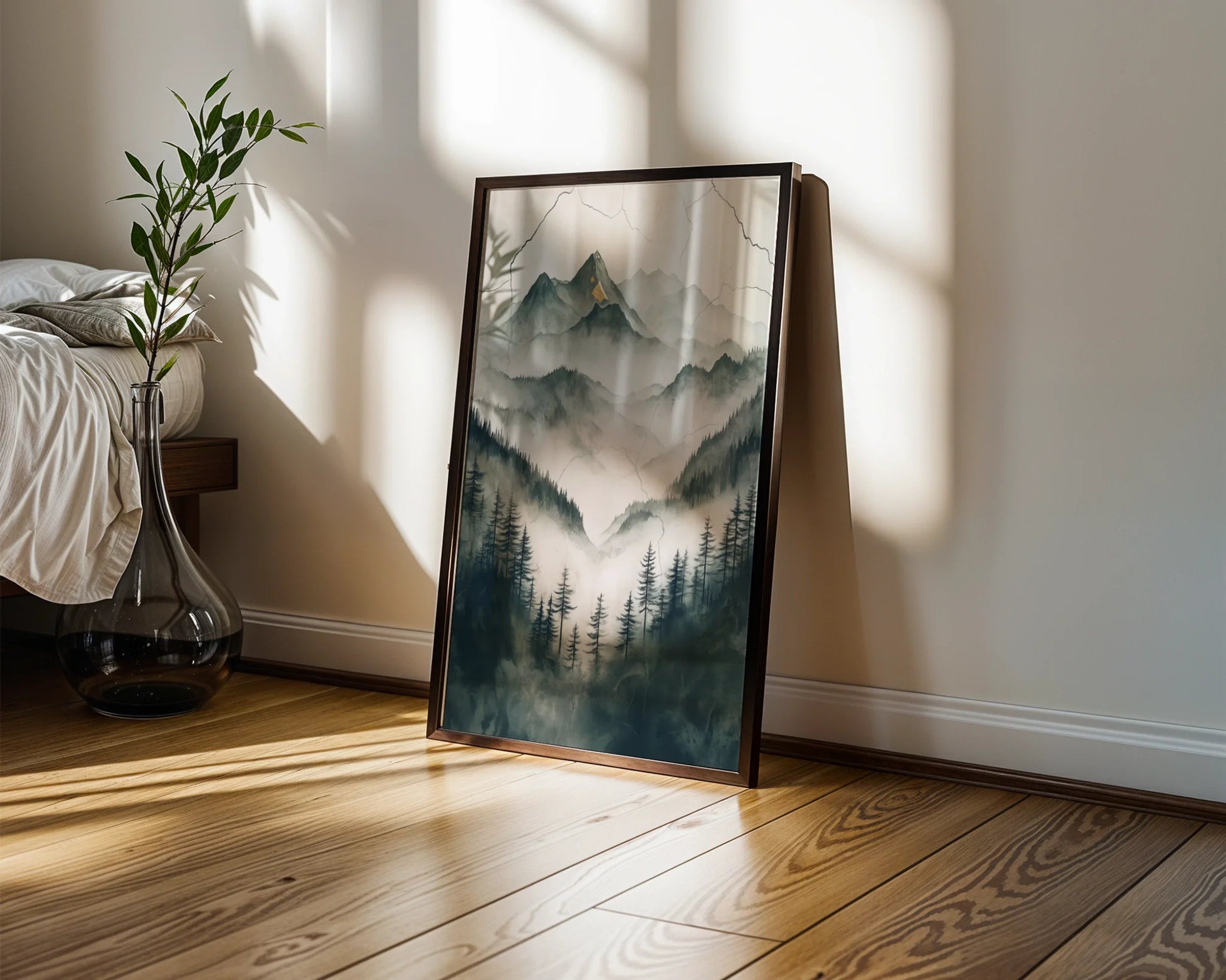 Misty Mountain Watercolor Japandi Evergreen Forest Art in room