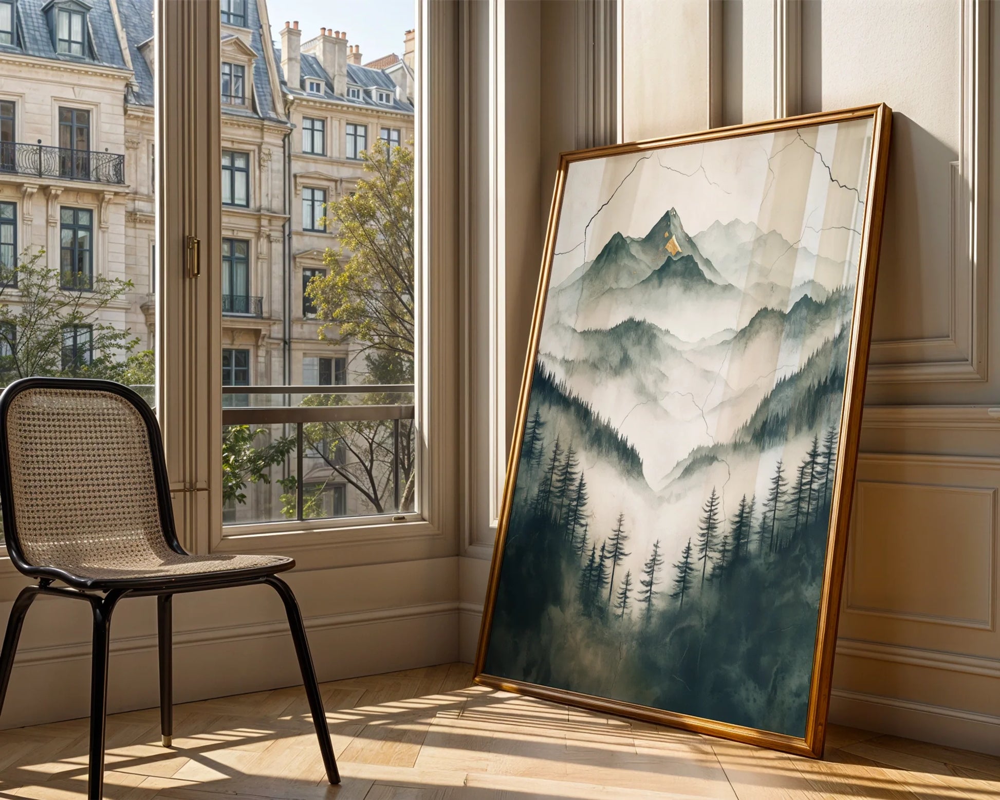 Misty Mountain Watercolor Japandi Evergreen Forest Art in room