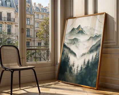 Misty Mountain Watercolor Japandi Evergreen Forest Art in room