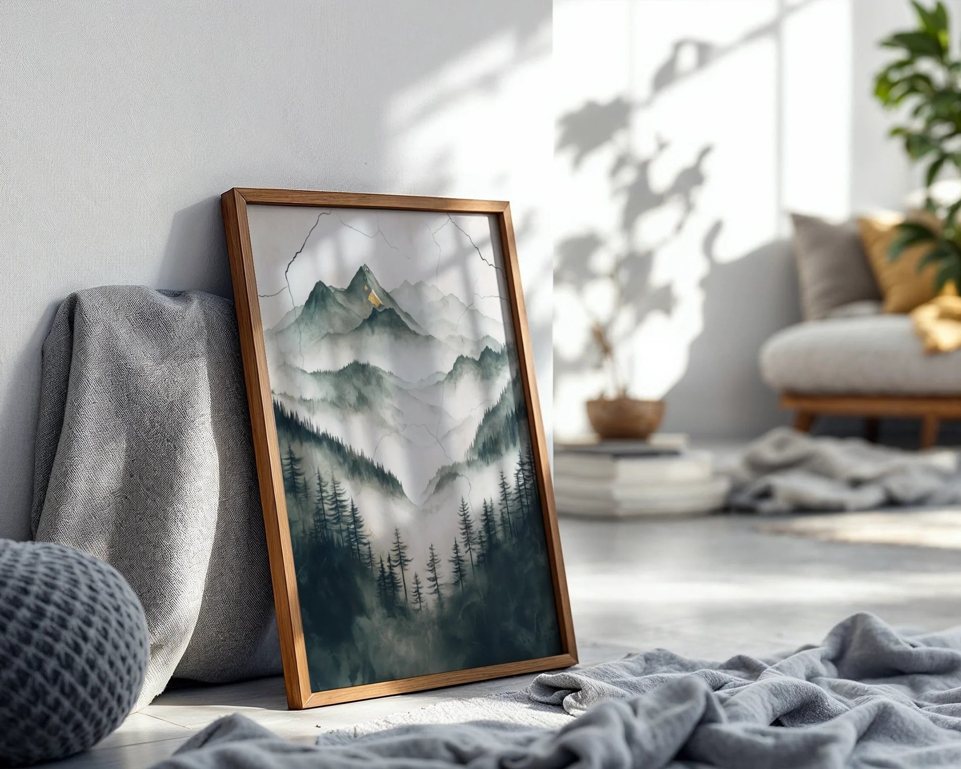 Misty Mountain Watercolor Japandi Evergreen Forest Canvas Art — Ethereal mountain vista with layered ridges disappearing into soft atmospheric haze on wall canvas