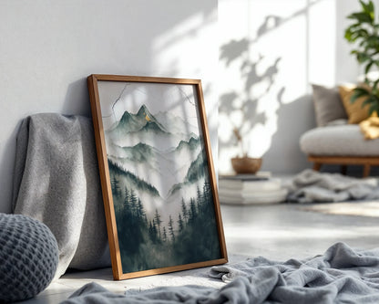 Misty Mountain Watercolor Japandi Evergreen Forest Art in room
